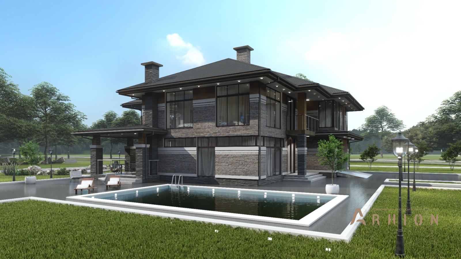 5. Проект двухэтажного дома в стиле Ллойда Райта (прерий) с многоскатной кровлей, H-1516, площадью - 466 кв c цокольным этажом, терассой, балконом, гаражом, вторым светом